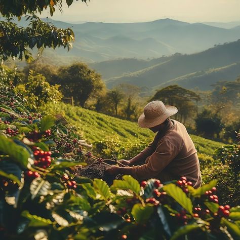 Dia mundial del cafe | Premium Photo #Freepik #photo #cafe-ilustracion #cafe-vintage #cafe-negro #cafe-expreso Coffee Farm Photography, Coffee Landscape, Coffee Farming, Coffee Nature, Brazil Coffee, Farm Scenery, Place Branding, Farm Cafe, Cafe Vintage