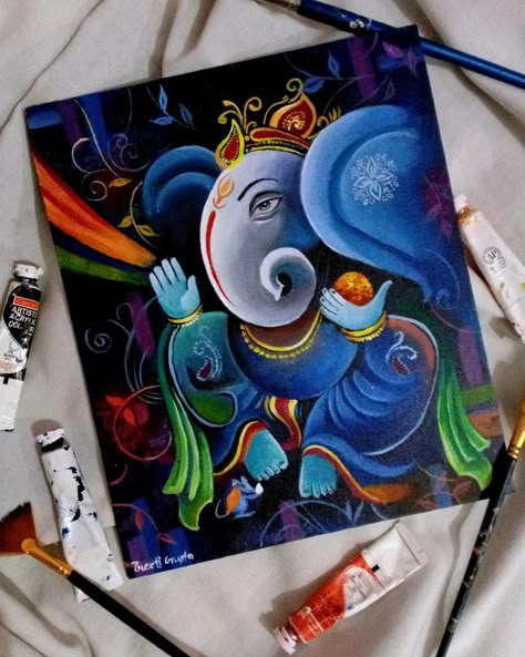 Krishna Unique Painting, Easy Modern Art Paintings For Beginners, Ganpati Bappa Painting On Canvas Art, Ganesh Art Paintings Beautiful, Ganesha Canvas Painting Acrylics, Ganpati Canvas Painting, Ganesha Modern Art, Ganesha Drawing, Modern Indian Art