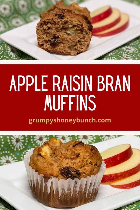 A hearty apple bran muffin made with apple butter, raisin bran cereal, and fresh diced apple. These moist muffins make a delicious addition to your breakfast table and are perfect for snacking. Bran Muffins With All Bran Cereal, Bran Muffins With Raisins, Raisin Bran Cereal Muffins, Bran Cereal Muffins, Muffins With Raisins, Cereal Muffins, Raisin Bran Muffin Recipe, Apple Bran Muffins, Raisin Bran Cereal