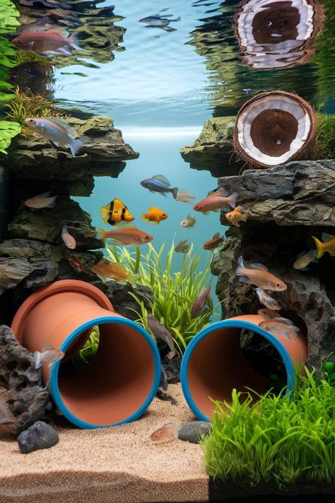 14 Aquarium Decor Ideas to Transform Your Freshwater Aquarium Freshwater Aquarium Ideas, Unique Fish Tanks, Unique Fish, Fish Tank Decor, Pvc Pipes, Aquarium Ideas, Hiding Spots, Decoration Tips, Aquarium Decor