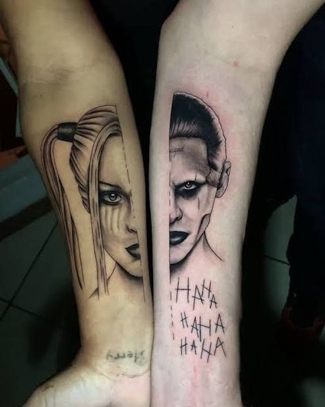 Joker And Harley Tattoo, Joker Y Harley Quinn, Partner Tattoos, Harley Tattoos, Harley Quinn Tattoo, Best Couple Tattoos, Matching Best Friend Tattoos, Couple Matching Tattoo, Tattoos To Cover Scars