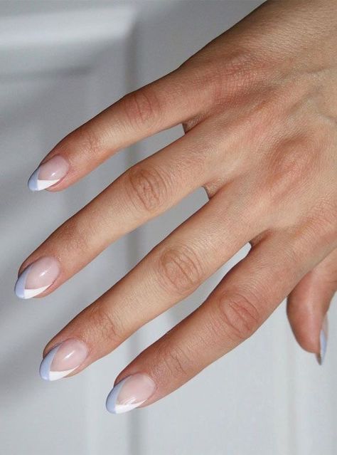 Two Color Tips Nails, Simple White Manicure, Short Nails Fall 2022 Trends, Upgraded French Manicure, Asymmetric French Tip, Pale Blue Nails French Tip, French Manicure With Blue Design, Blue Tip Dip Nails, White And Dusty Blue Nails