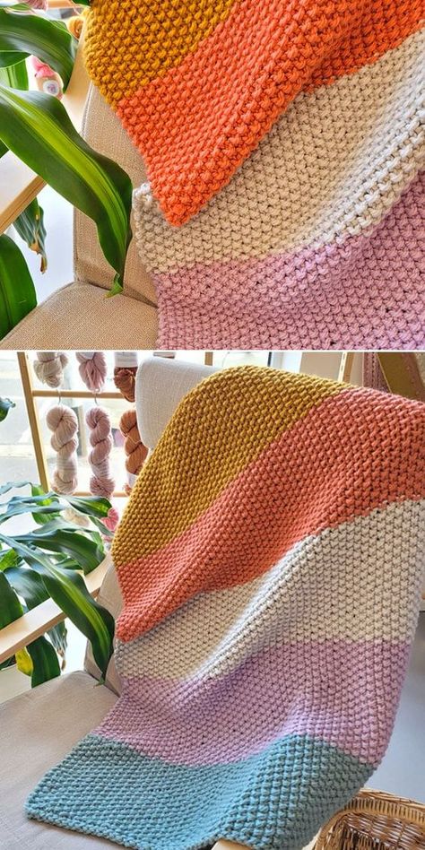 Moss Blanket, Knit Throw Blanket Pattern, Crochet Blanket Ideas, Easy Blanket Knitting Patterns, Easy Knit Blanket, Knit Baby Blanket Pattern Free, Knitted Blanket Squares, Free Baby Blanket Patterns, Striped Baby Blanket