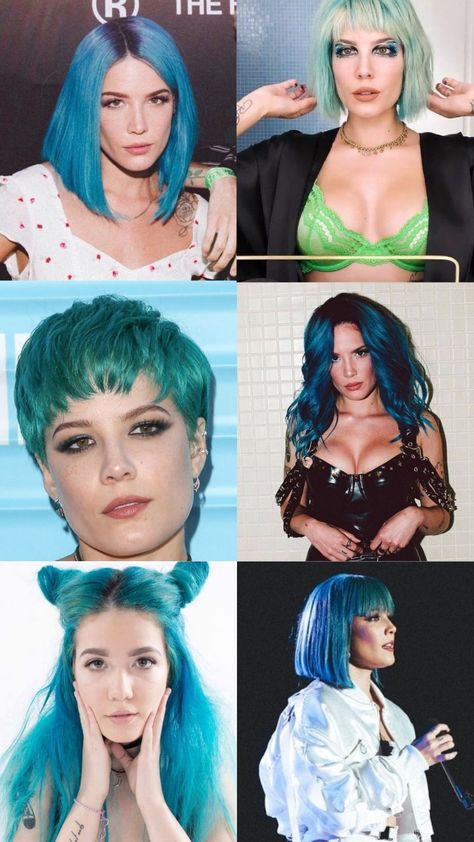 Halsey Green Hair, Halsey Hair Colors, Halsey Blue Hair, Halsey Blue, Halsey Profile, Venus Outfits, Halsey Hair, Fantasy Hair Color, Dark Blue Hair