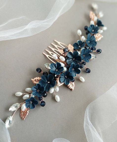 Navy Blue Hair Comb Navy Blue Jewelry Navy Hair Accessory Navy Blue Earrings Something Blue Hair Combs Floral Hair Comb Bridal Hair Piece - Etsy Navy Blue Headpiece, Dark Blue Hair Accessories, Navy Blue Bridal Party, Navy Hair Accessories, Navy Blue Accessories, Dark Blue Jewelry, Royal Blue Hair, Navy Blue Jewelry, Blue Headpiece