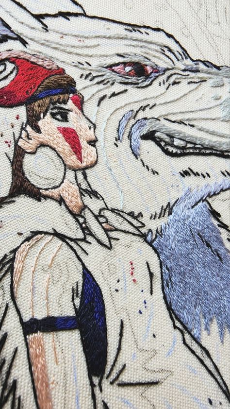 Miyazaki Embroidery, Studio Ghibli Embroidery Patterns, Studio Ghibli Embroidery, Ghibli Embroidery Pattern, Princess Mononoke Embroidery, Howl's Moving Castle Embroidery, Princess Mononoke Alpha Pattern, Ghibli Embroidery, Totoro Cross Stitch