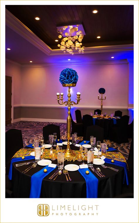 Black And Royal Blue Party Decorations, Royal Blue Black And Gold Quince, Blue Black And Gold Birthday Party Decorations, Royal Blue And Gold Decor, Blue Black Gold Party Decorations, Black Royal Blue And Gold Wedding, Royal Blue Black And Gold Wedding, Black Blue Gold Wedding, Black And Royal Blue Quinceanera Theme