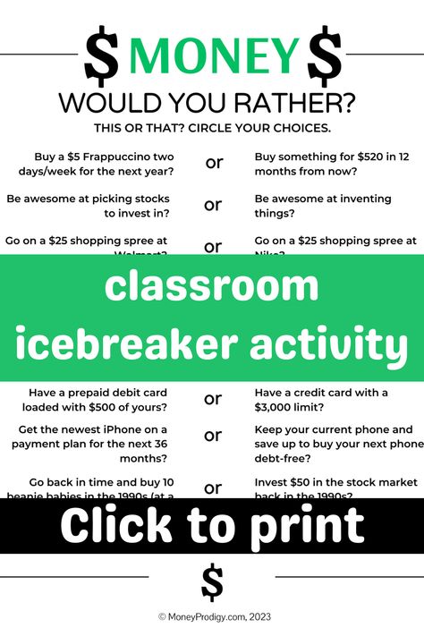 Free printable classroom icebreaker activity - great financial literacy activity for classrooms and an icebreaker - a fun way to talk about money with students. Start conversations. First day of school. Start to a new financial literacy unit. Financial Literacy Bulletin Board, Career Readiness High School, Classroom Icebreakers, Math Things, Financial Literacy Activities, Literacy Display, Business Teacher, Personal Financial Literacy, Teaching Board