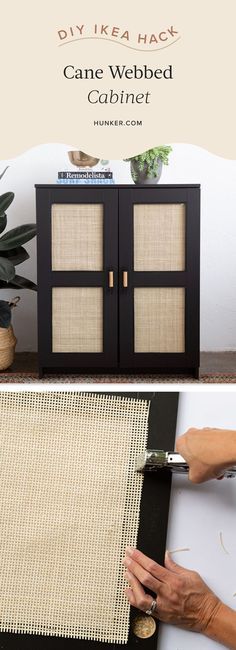 Adding cane webbing to a piece of furniture not only makes it on trend, but also makes it appear high end. The black IKEA Brimnes cabinet is the perfect piece of furniture for a DIY upgrade. Here is how to create a cane cabinet out of a plain Ikea cabinet. #hunkerhome #ikeahack #ikea #canecabinet #cane Black Dresser With Cane Webbing, Black And Cane Furniture, Furniture With Cane Webbing, Black And Cane Cabinet, Ikea Upcycle Diy Projects, Diy Boho Cabinet, Black Cabinet With Cane Webbing, Upgrade Cabinets Diy, Cane Furniture Diy