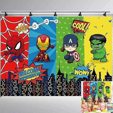 Super Hero Background, Superhero Backdrop, Spiderman Background, Superhero Background, Superhero City, Avengers Theme, Backdrops Kids, Avengers Party, Birthday Decorations Kids