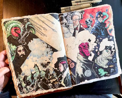 Comic In Sketchbook, Drawing On Pages Of A Book, Mike Mignola Art Sketchbook Pages, Comic Book Artist Aesthetic, Sketchbook Comic Sketch, Mike Mignola Sketchbook, New Sketchbook Ideas, Messy Sketchbook Pages, Book Art Drawing Sketchbook Pages