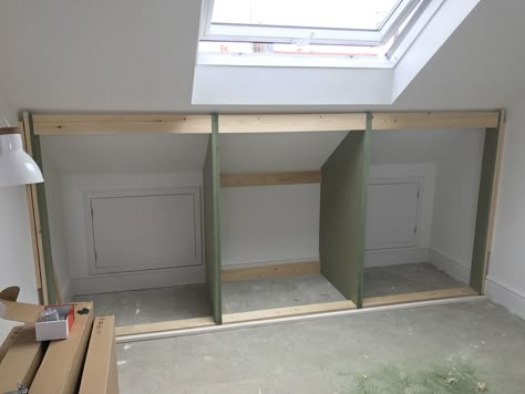 Sloped Ceiling Cupboards, Sloped Wardrobe Ideas, Sloped Roof Storage, Built In Eaves Wardrobe, Ikea Sloped Ceiling Storage, Attic Sloped Ceiling Storage, Attic Bedroom Storage Sloped Ceiling, Attic Cupboards Sloped Ceiling, Loft Wardrobe Ideas Slanted Ceiling