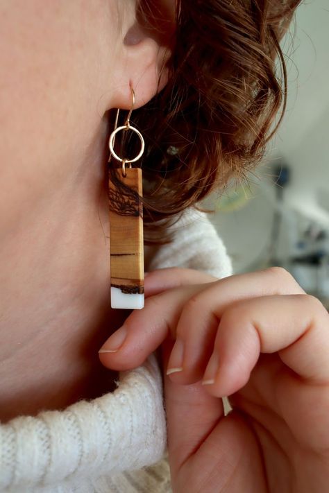 long wood rectangle earrings on ear with white sweater Wood And Stone Jewelry, Wood And Metal Jewelry, Resin Wood Earrings, Wood And Silver Jewelry, Wood Earrings Diy, Resin And Wood Earrings, Wood And Resin Jewelry, Wood Jewerly, Wood Resin Earrings