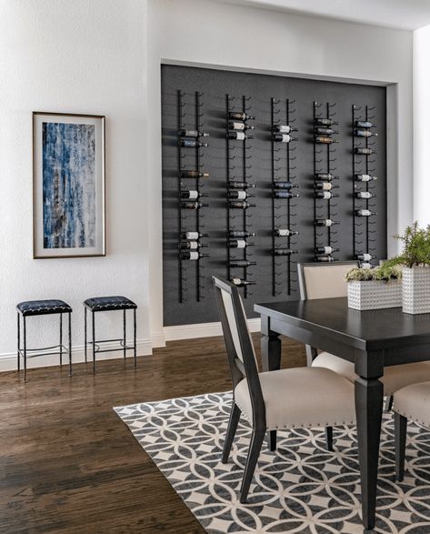 Black Accent Wall Ideas, Wine Wall Display, Black Accent Wall, Black Walls Bedroom, Make A Closet, Wine Wall Decor, Wine Closet, Accent Wall Ideas, Black Accent Walls