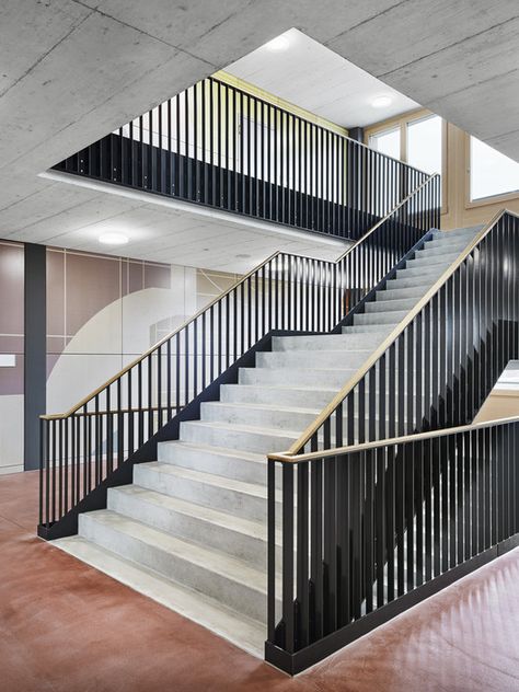 Gallery of Lindau School Sports Building / Schwabe Suter Architekten - 3 Balustrade Design, Stairway Design, Genius Loci, Sport Hall, Modular Building, School Building, Partition Wall, Stair Railing, School Sports