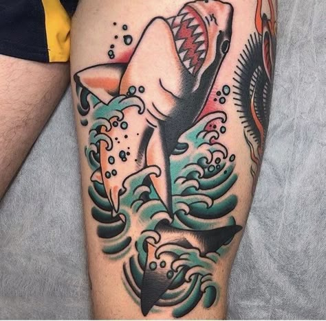 American Traditional Waves, American Traditional Shark, Half Sleeve Tattoos For Women, Traditional Shark Tattoo, Shark Tattoo Ideas, American Traditional Sleeve, Half Sleeve Tattoos, Traditional Tattoo Inspiration, On Tattoo