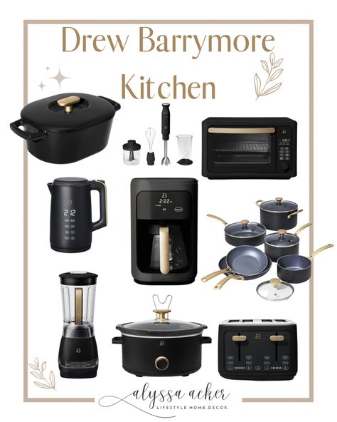 Kitchen Appliances Sets, Black Retro Kitchen Appliances, Drew Barrymore Appliances Black, Black And Gold Kitchen Decor Apartment, Essential Kitchen Appliances, Drew Barrymore Pots And Pans, Minimalist Kitchen Appliances, Drew Berry More Kitchen Appliances, Beautiful Appliances Drew Barrymore