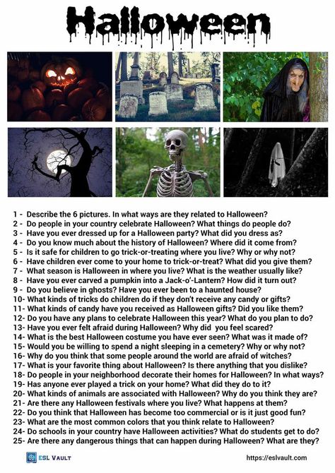 Halloween questions Halloween Questions, Speaking Activities English, Speaking Cards, Speaking Activity, Journal Prompts For Kids, Halloween History, Conversation Questions, Speaking Practice, Esl Vocabulary