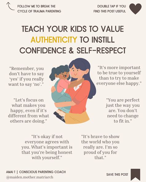 Teaching your child to choose AUTHENTICITY over people-pleasing is a valuable lesson in fostering genuine self-expression and confidence. ⁠ .⁠ And remember, fostering authenticity is an ONGOING process. Your consistent GUIDANCE and SUPPORT will become the blueprint for your child to develop a strong sense of self ❤️⁠ .⁠ ✅ Never let the cycle of trauma define your parenting again. Discover "The Amai T Method of Conscious Parenting" and transform your family dynamics today!⁠ Parenting Coach, Parenting Support, Positive Affirmations For Kids, People Pleasing, Parenting Knowledge, Mothers Heart, Intentional Parenting, Sense Of Self, Parenting Techniques