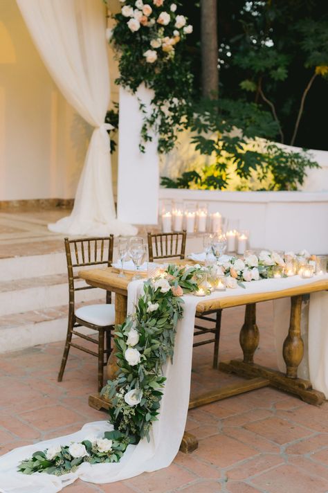 La Tavola Fine Linen Rental: Aurora Ivory Table Runner | Photography: Lorely Meza, Planning & Design: Details Darling, Florals: Mulberry & Moss, Venue: Rancho Las Lomas, Catering: 24 Carrots, Rentals: Signature Party Rentals and Found Rentals Wedding Registration Table, Wedding Decorations Garden, Table Wedding Decorations, Runner Photography, Details Darling, Wedding Staircase, Head Table Wedding Decorations, Elegant Garden Wedding, Bridal Party Tables