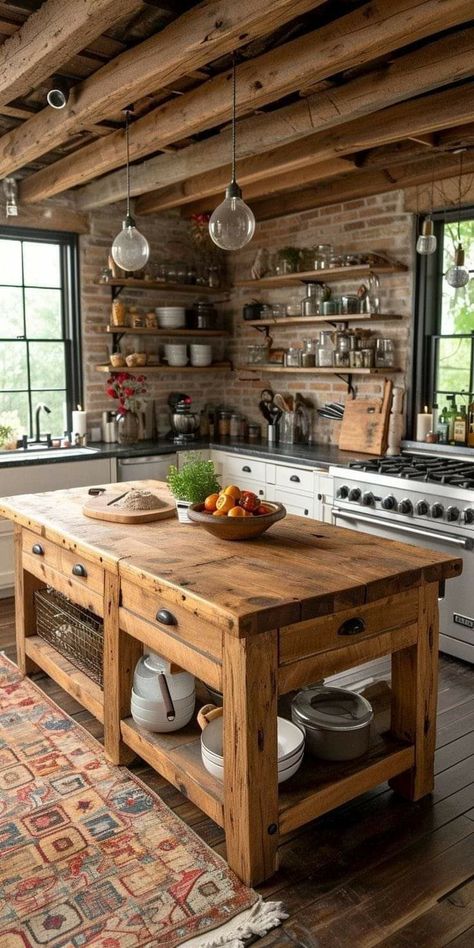 Diy Kitchen Island Ideas, Kitchen Island Ideas, Rustic Kitchen Island, Small Kitchen Island, Kitchen Island Decor, Rustic Kitchen Design, Cabin Kitchens, Farm Kitchen, Diy Kitchen Island