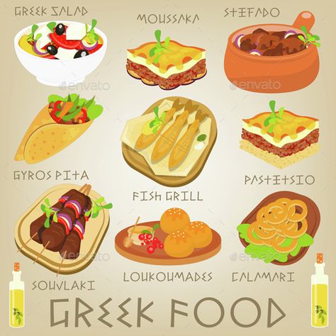 Greek Food Set Greek Mythology Food, Greece Food Traditional, Greece Food Recipes, Greek Food Party, Ancient Greek Food, Traditional Greek Food, Red Salad, Greek Breakfast, Greek Menu