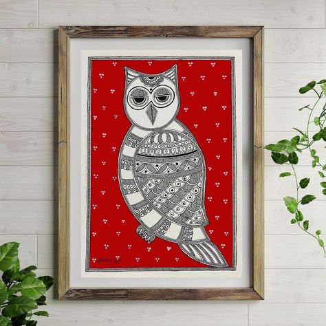 Owl In Madhubani Painting, Owl Alpona, Madhubani Owl, Canvas Art Painting Abstract, Goddess Of Wealth, Symbol Of Wealth, Madhubani Paintings, Kalamkari Painting, Madhubani Painting