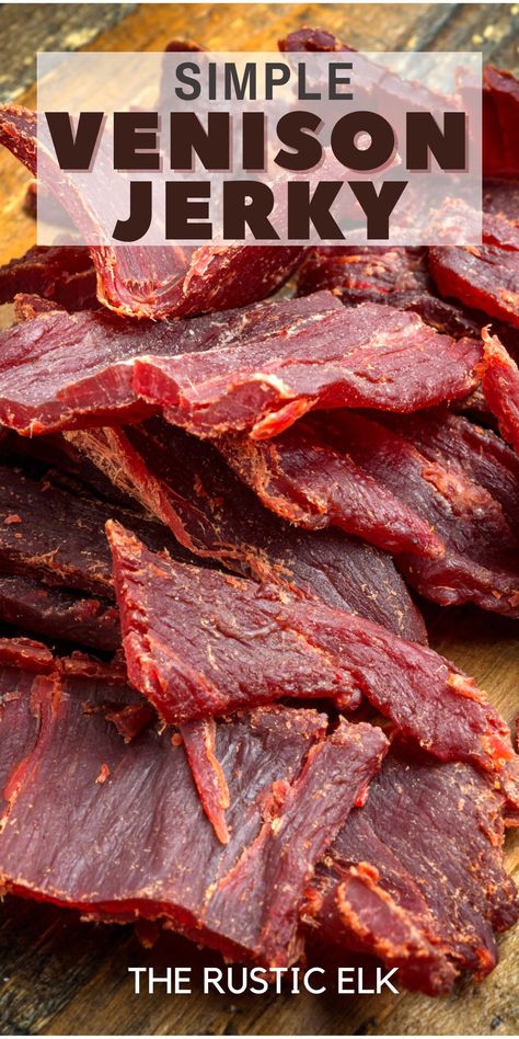 Easy venison jerky recipe perfect for snacking and full of meaty flavor! Make delicious and healthy venison jerky out of a venison roast with this simple tutorial including the best venison jerky marinade and seasoning and instructions to make it in a dehydrator or an oven! Jerky Marinade Recipes Venison, Making Jerky Food Dehydrator, How To Make Venison Jerky, Spicy Venison Jerky, Homemade Jerky In The Oven, Elk Jerky Marinade Recipes, Air Fryer Venison Jerky, Best Venison Jerky Recipe, Bacon Jerky Recipe