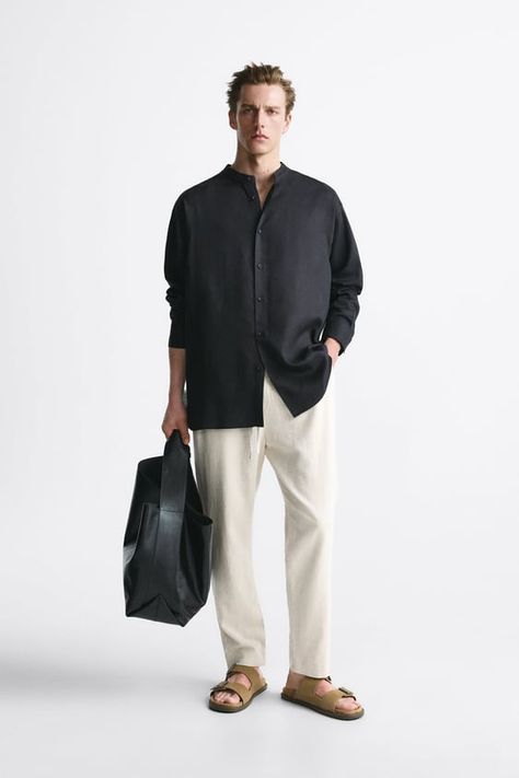 LINEN - LYOCELL SHIRT - Black | ZARA United States Black Linen Shirt Outfit, Long Shirt Men, Linen Shirt Outfit, Black Linen Shirt, Menswear Editorial, Black Outfit Men, Long Outfit, Banded Collar Shirts, Shirt Outfit Men