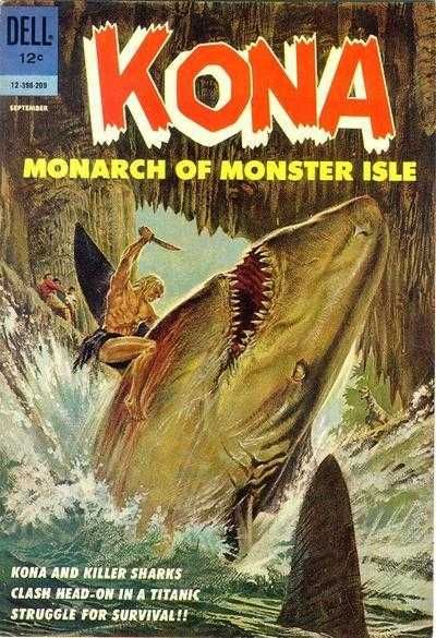 Kona #3 - Kona and Killer Sharks Clash Head-on in a Titanic Struggle for Survival!! (Issue) Dell Comic, Story Titles, Sci Fi Comics, The Lone Ranger, Lone Ranger, Felix The Cats, Silver Age, Water Stains, Tarzan