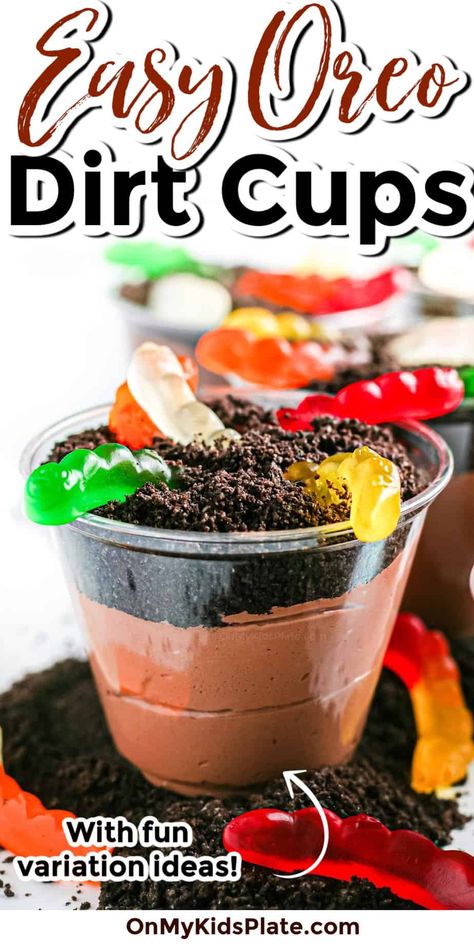 Easy Chocolate Dirt Pie Cups (With Variations!) - On My Kids Plate Dirt Pie Cups, Dirt In A Cup Recipe, How To Make Dirt Cups, Kids Summer Desserts, Vbs Meals, Dirt Cups For Kids, Dirt Cups Easter, Oreo Dirt Cups Recipe, Dirt Pie Recipe