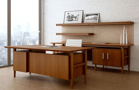 Neo Retro Modern Wood Office and Home Office Desk set Mid Century Modern Wood Desk, Private Office Desk, Mid Century Modern Office Desk, Mid Century Desk Chair, Desk Mid Century, Modern Wood Desk, Executive Office Design, Modern Office Table, Office Desk Set