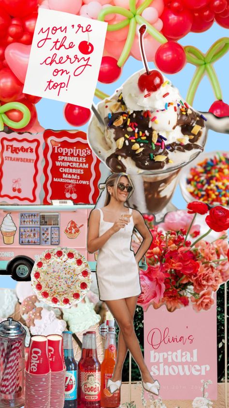 Bridal Shower | Bachelorette | Party Theme | Decor Ideas | Inspo | Red Pink | Soda Shop | Sundae | Cherry | Party Idea Pink Birthday Theme, Cherry Party, Retro Wedding Theme, Bachelorette Party Theme, Pink Party Theme, Pink Soda, Bridal Shower Inspo, Soda Shop, Cherry Baby