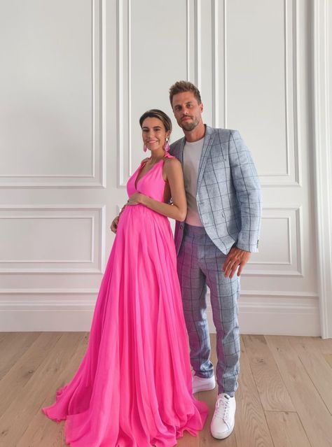 Elevated Athleisure, Hello Fashion Blog, Christine Andrew, Maternity Evening Dress, Pink Satin Dress, Quilt Dress, Stylish Maternity Outfits, Couple Pic, Hello Fashion