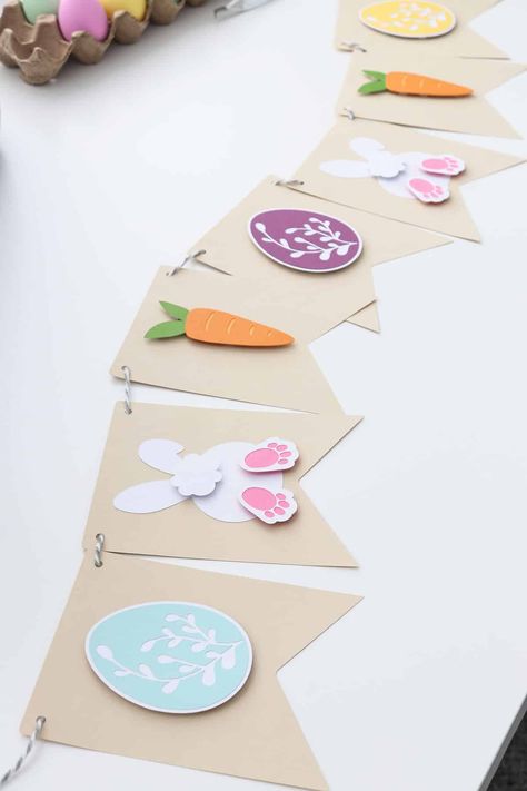 diy easter banner out of cardstock, Cricut tutorial Easter Paper Garland, Easter Banners Diy, Easter Office Decor, Banner With Cricut, Easter Paper Decorations, Easter Garland Diy, Easter Classroom Decorations, Holiday Baby Pictures, Easter Banners