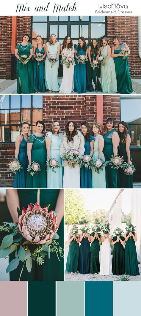 Jade Bridesmaid Dresses Color Schemes, Teal Color Palette Wedding Bridesmaid Dresses, Blue And Green Mismatched Bridesmaid Dresses, Mismatched Bridesmaid Color Palette, November Bridesmaid Dresses Color Schemes, Bridesmaid Dress Same Color Different Style, Multicolor Green Bridesmaid Dresses, Teal Bridesmaid Dresses Mismatched, Mismatched Teal Bridesmaid Dresses