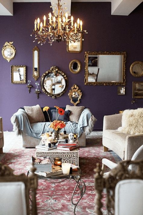 dark purple living room, benjamin moore shadow                                                                                                                                                                                 More Dark Purple Accent Wall Living Room, Purple Victorian Living Room, Dark Purple Wall Color, Dark Purple Living Room Ideas, Purple Wall Decor Ideas, Purple Living Room Walls, Dark Purple Accent Wall, Purple Accent Wall Living Room, Dark Purple Room Ideas Bedrooms