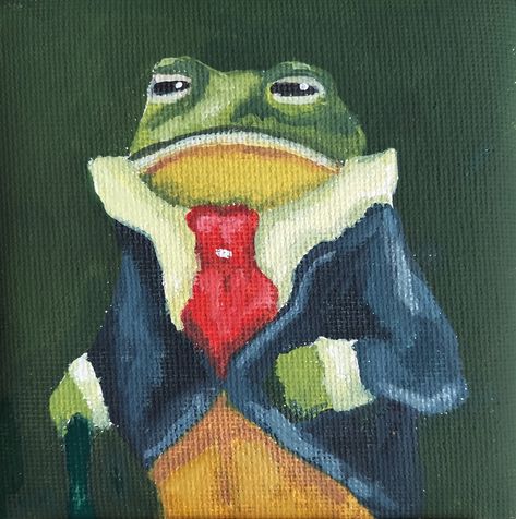 Painting of frog in a suit Frog In Suit Painting, Funny Oil Paintings, Frog In A Suit Drawing, Funny Frog Painting, Froggy Painting, Easy Frog Painting, Frog Painting Ideas, Frog Painting Easy, Frog In A Suit