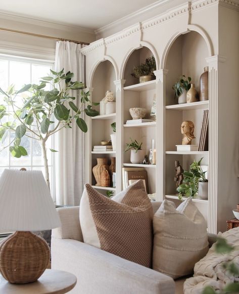 Neutral Library Room, Neutral Library, Arched Shelving, Library Nook, House Lounge, Parisian Interior, Summer Hill, Fireplace Shelves, Study Room Design