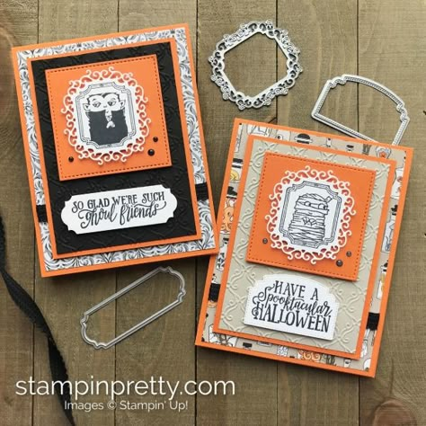 Create these Halloween cards using the Monster Bash Suite from Stampin' Up! Card by Mary Fish, Stampin' Pretty Stampin Up Halloween Cards, Halloween Supplies, Mary Fish, Carte Halloween, Halloween Cards Handmade, Stampin Pretty, Up Halloween, Thanksgiving Cards, Pretty Cards