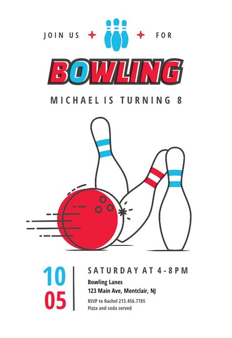 Modern Bowling - Sports & Games Invitation Template (Free) | Greetings Island Bowling Party Invitations Printable Free, Bowling Graphic Design, Bowling Poster, Business Events Invitation, Bowling Invitations, Bowling Birthday Invitations, Bowling Party Invitations, Kids Bowling, Mermaid Baby Shower Invitations