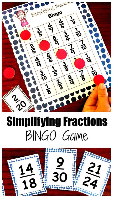 Simplifying Fractions Game, Fractions Games, Simplest Form Fractions, Math Bingo, Printable Math Games, Simplifying Fractions, Fraction Games, Teaching Fractions, Fraction Activities