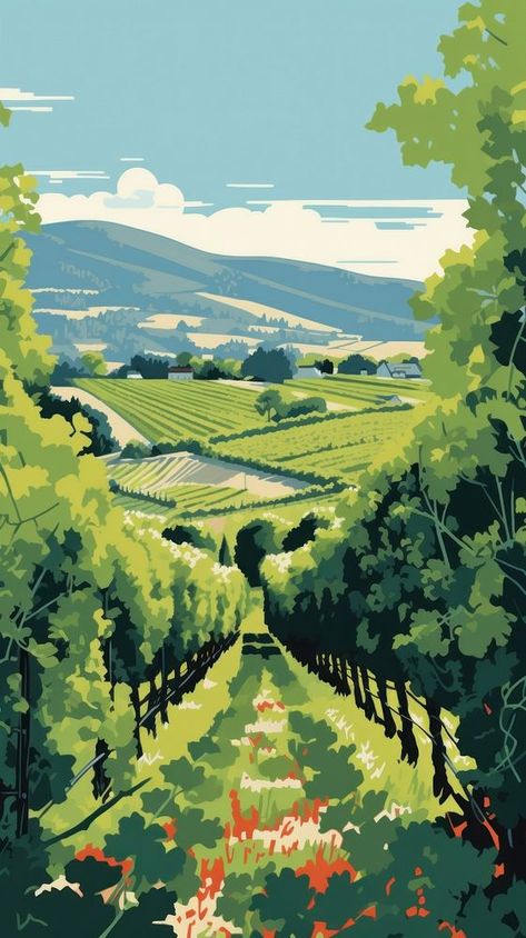 Woodblock print vineyard nature outdoors.  | premium image by rawpixel.com / Rob Vineyard Drawing, Vineyard Illustration, Vine Illustration, Vineyard Painting, Vineyard Art, Map Murals, Chile Travel, Dusseldorf, Landscape Drawings