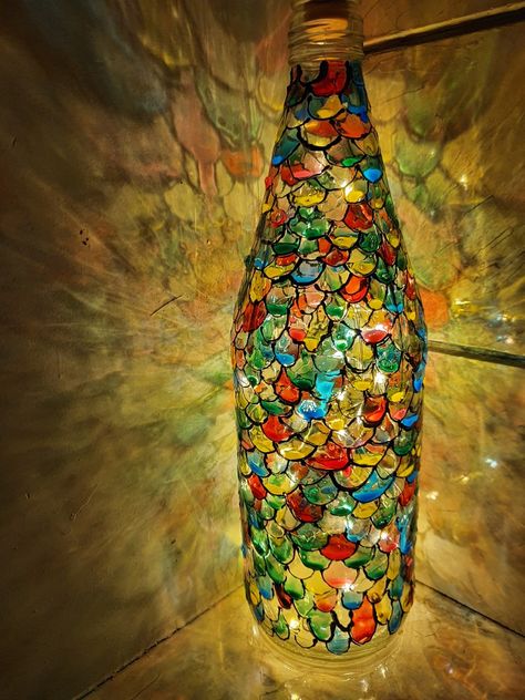 Glass Colour Bottle Art, Ketchup Bottle Crafts, Glass Colours Painting On Bottles, Wine Bottle Lanterns, Bottle Paint, Elephant Wall Hanging, Painted Glass Bottles, Glass Bottle Diy, Bottle Diy