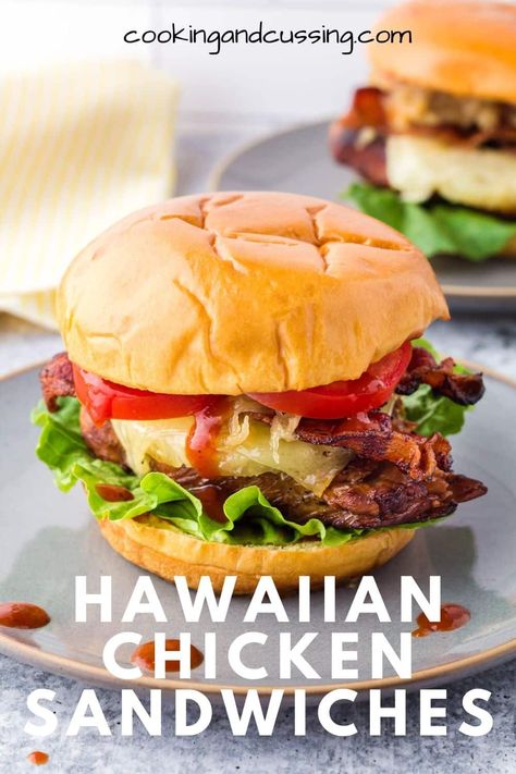 Hawaiian Chicken Sandwiches- Teriyaki marinated chicken topped with pineapple, cheese, and bacon makes for mouth-watering grilled chicken sandwiches. Hawaiian Chicken Sandwiches are sweet, salty, and satisfying! #cookingandcussingblog #chickensandwich #grilledchicken grilled chicken sandwiches // barbecue chicken sandwiches // easy chicken sandwiches via @www.pinterest.com/cookingandcussing Hawaiian Chicken Sandwiches, Barbecue Chicken Sandwiches, Bbq Pineapple Chicken, Hawaiian Chicken Sandwich, Hawaiian Sandwiches, Easy Chicken Sandwich, Teriyaki Pineapple Chicken, Grilled Chicken Sandwich Recipes, Pineapple Cheese