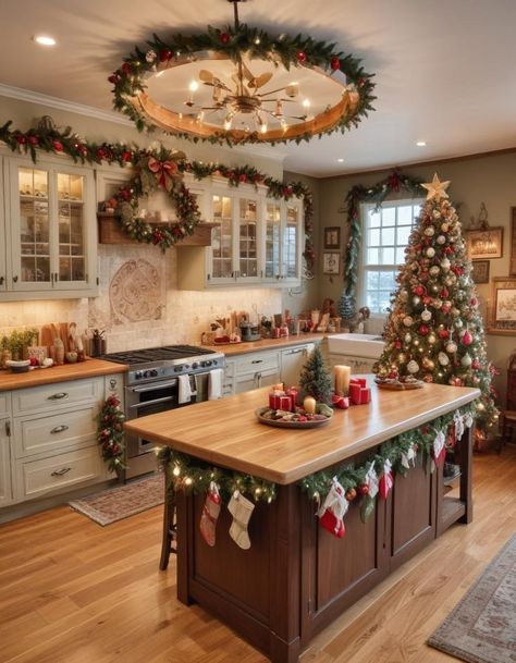 Traditional Christmas Kitchen, Kitchen Decorated For Christmas, Cheap Easy Christmas Decor, Christmas Kitchen Decor Ideas Cabinets, Christmas House Interior, Christmas Decorated House, Christmas Townhouse, Cozy Christmas House, Christmas Farmhouse Kitchen