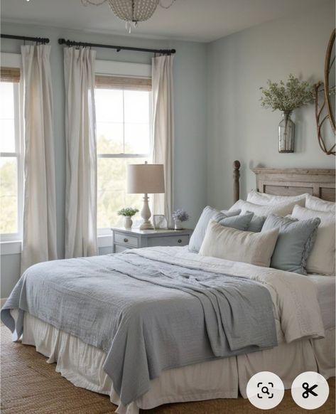 Blue Grey Bedroom Decor, Farmhouse Bedroom With Blue Accents, French Blue Interiors, Pale Blue Master Bedrooms Decor, Dusty Blue Master Bedrooms Decor, Pale Blue Walls Bedroom, Misty Blue Bedroom, Pale Blue Bedroom Walls, Light Blue Master Room