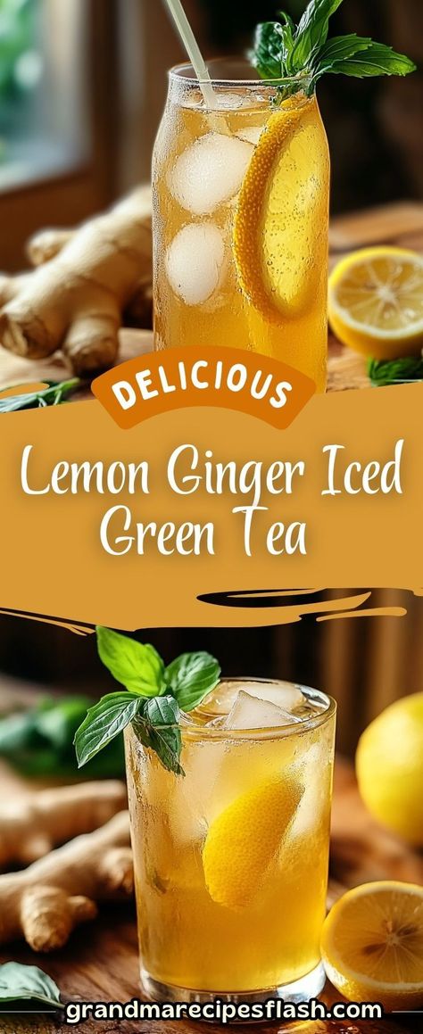 This Lemon Ginger Iced Green Tea is a refreshing, healthy beverage perfect for warm days. Made with fresh ginger, green tea, and a touch of honey, this iced tea is full of antioxidants and natural sweetness. Add a splash of lemon juice for a zesty twist Lemon Ginger Iced Green Tea With Honey, Lime Ginger Drink, Honey Green Tea, Iced Green Tea Recipe Healthy, Cold Green Tea Recipe, Green Tea Recipes Healthy, Ginger Iced Tea Recipe, Green Tea With Honey, Iced Green Tea Recipe