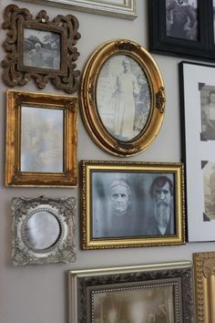 Ancestry Wall Ideas, Antique Family Photos Display, Wall Of Framed Photos, Ancestor Wall Ideas, Wall Of Gold Frames, Ancestor Photo Wall, Vintage Family Photos Display, Gold Photo Frames Wall, Ancestor Wall Display