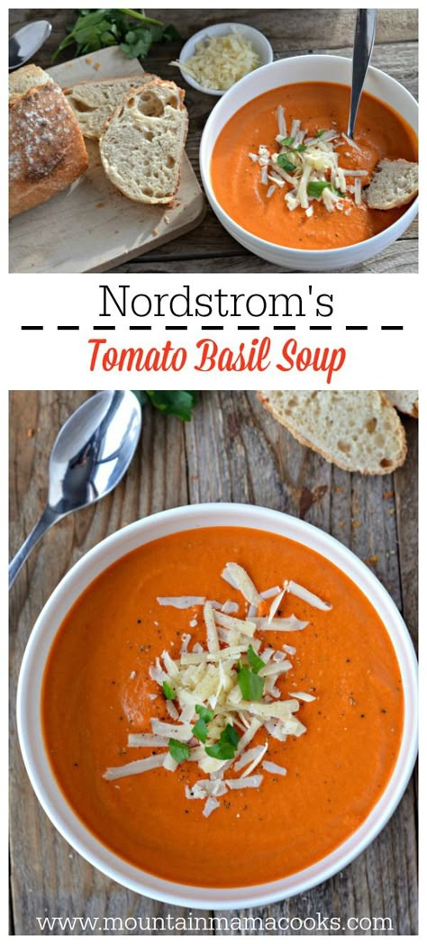 Nordstrom's Tomato Basil Soup - Mountain Mama Cooks Tomato Basil Bisque, Vegetable Lunch, Tomato Bisque Soup, Tomato Basil Soup Recipe, Creamy Tomato Basil Soup, Bisque Soup, Soup Tomato, Tomatoes Recipes, Soup Appetizers